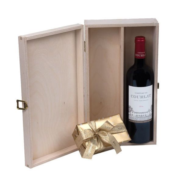 Ξύλινο κουτί με σοκολατάκια Leonidas με κρασί Bordeaux Chateau du Courlat