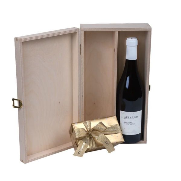 Ξύλινο κουτί με σοκολατάκια Leonidas με κρασί Akrathos Assyrtiko