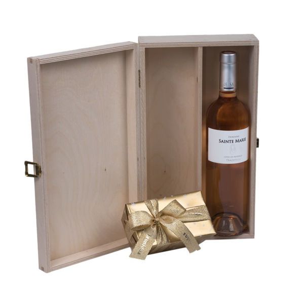 Ξύλινο κουτί με σοκολατάκια Leonidas με ροζέ κρασί maine Domaine Sainte Marie