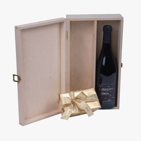 Ξύλινο κουτί με σοκολατάκια Leonidas με κρασί Akrathos Xinomavro