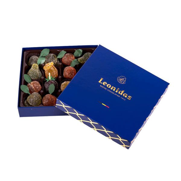 Χάρτινο μπλέ τετράγωνο κουτί Heritage M με 430 γρ pates de fruit (ζελεδάκια φρούτων) Leonidas