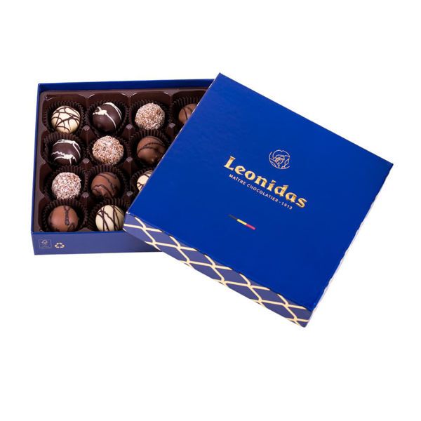 Χάρτινο μπλέ τετράγωνο κουτί Heritage M με 260 γρ. σοκολατάκια τρουφάκια (perles) Leonidas