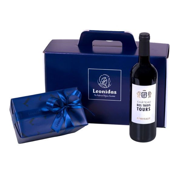 Χάρτινο κουτί Leonidas με σοκολατάκια και κρασί  Chateau Des Trois Tours Bordeaux