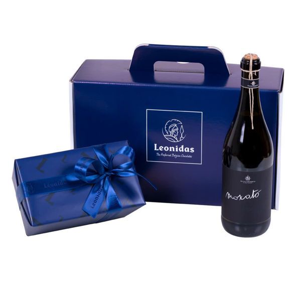 Χάρτινο κουτί Leonidas με σοκολατάκια και  κρασί Anno Domini Moscato Frizante