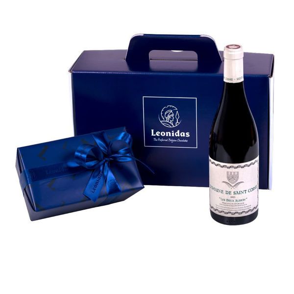 Χάρτινο κουτί Leonidas με σοκολατάκια και  Γαλλικό λευκό κρασί Domaine Saint Cosme " Les Deux Albion"