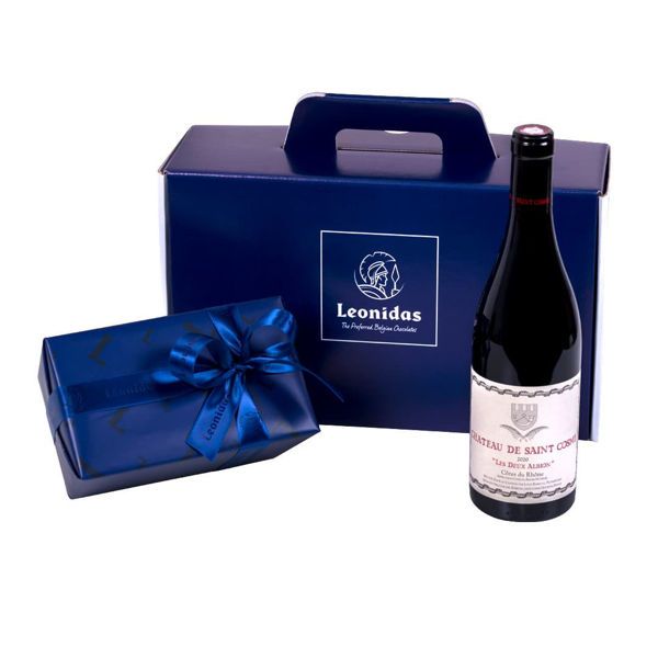 Χάρτινο κουτί Leonidas με σοκολατάκια και  Γαλλικό κόκκινο κρασί Domaine Saint Cosme " Les Deux Albion"