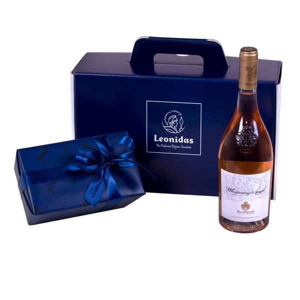 Χάρτινο κουτί Leonidas με σοκολατάκια και  ροζέ κρασί Γαλλίας Caves D' Esclans Whispering Angel