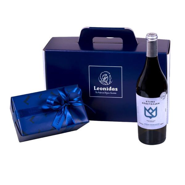Χάρτινο κουτί Leonidas με σοκολατάκια και λευκό βιολογικό κρασί Οικογενείας Αποστολάκη