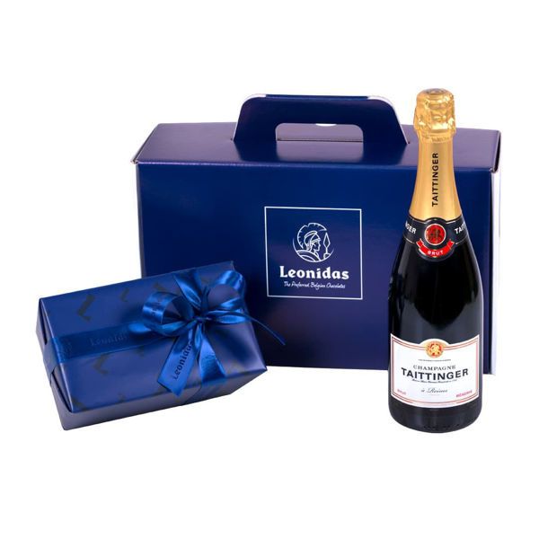 Χάρτινο κουτί Leonidas με σοκολατάκια και σαμπάνια Taittinger Champagne Brut Reserve