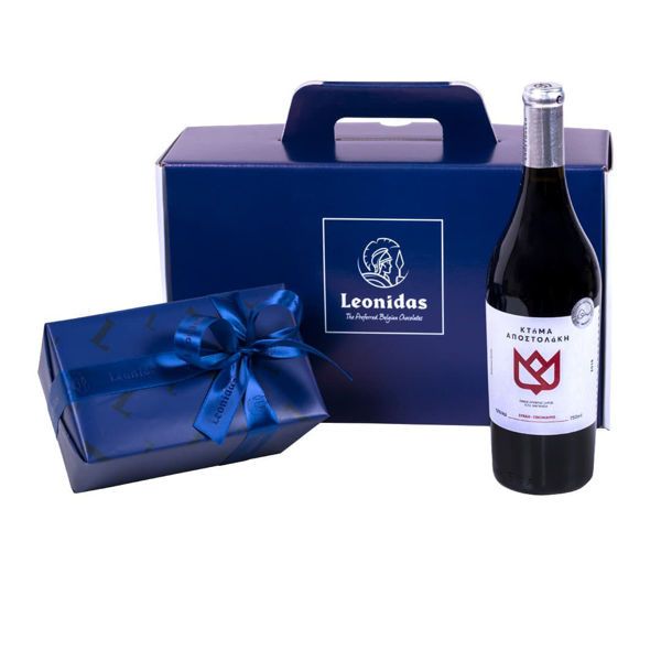 Χάρτινο κουτί Leonidas με σοκολατάκια και κόκκινο βιολογικό κρασί Οικογενείας Αποστολάκη