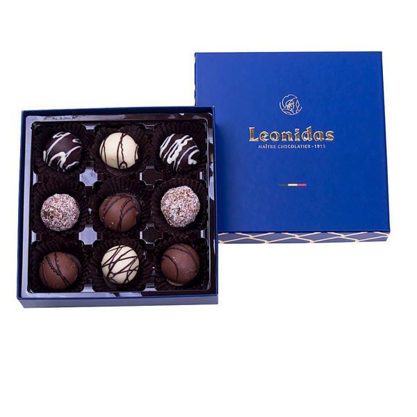 Χάρτινο μπλέ τετράγωνο κουτί Heritage S με 150 γρ. σοκολατάκια τρουφάκια (perles) Leonidas