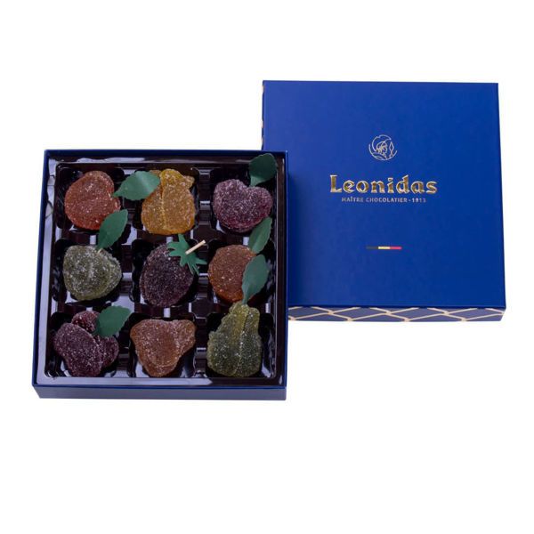 Χάρτινο μπλέ τετράγωνο κουτί Heritage S με 250 γρ pates de fruit (ζελεδάκια φρούτων) Leonidas