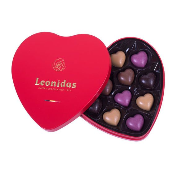 Μεταλλικό κόκκινο κουτί σε σχήμα καρδιάς με 120 γρ σοκολατένιες καρδούλες Leonidas