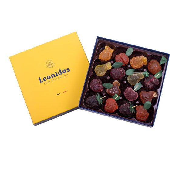 Χάρτινο κίτρινο τετράγωνο κουτί Heritage M με 430 γρ.pates de fruit (ζελεδάκια φρούτων) Leonidas