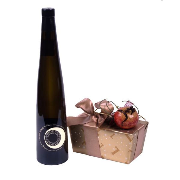 Κουτί με 500 γρ σοκολατάκια Leonidas, κεραμικό ρόδι και κρασί Σκούρας