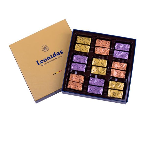Χάρτινο χρυσό τετράγωνο κουτί Heritage S με 200 γρ. σοκολατάκια gianduja, giantina, giamanda Leonidas