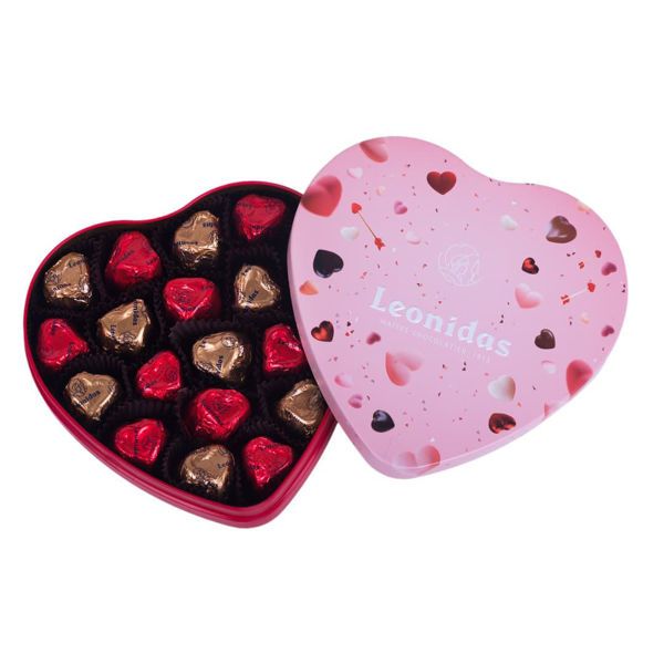 Μεταλλικό κουτί Αγίου Βαλεντίνου σε σχήμα καρδιάς με 270 γρ σοκολατένιες τυλιγμένες καρδιές Leonidas