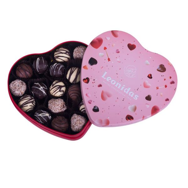 Μεταλλικό κουτί Αγίου Βαλεντίνου σε σχήμα καρδιάς με 250 γρ σοκολατάκια τρουφάκια (perles) Leonidas