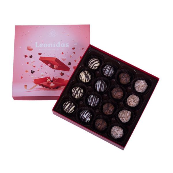 Χάρτινο τετράγωνο κουτί Αγίου Βαλεντίνου με 260 γρ σοκολατάκια τρουφάκια (perles) Leonidas