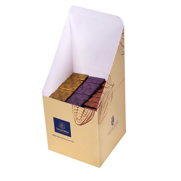 Χάρτινο χρυσό κουτί με 400 γρ σοκολατάκια gianduja, giantina, giamanda Leonidas