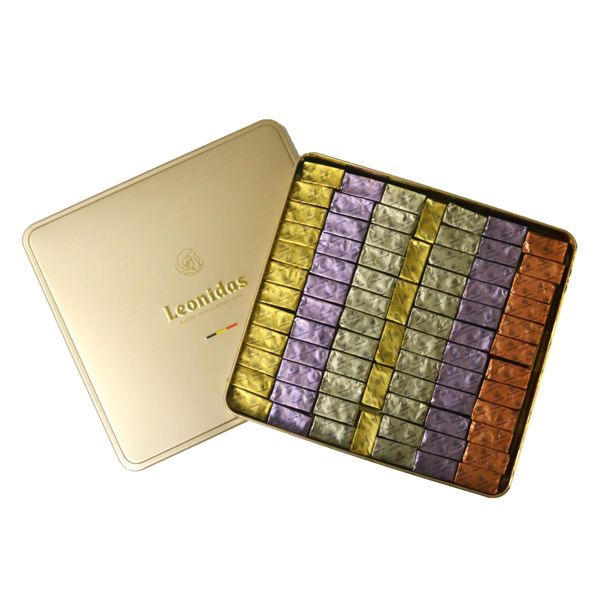 Τετράγωνο χρυσό μεταλλικό κουτί με 1,79 κιλά σοκολατάκια gianduja, giantina, giamanda Leonidas