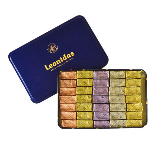 Μεταλλικό παραλληλόγραμμο μπλέ κουτί με 420 γρ. σοκολατάκια gianduja, giantina, giamanda Leonidas