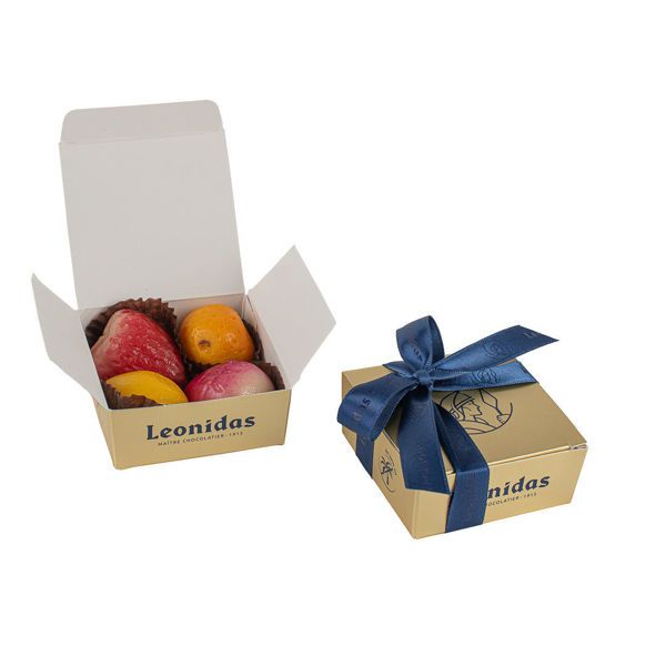 Κουτάκι με 4 αμυγδαλόπαστες (marzipan) σε σχήμα φρούτων Leonidas και κορδέλα