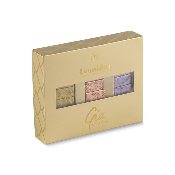 Χρυσό κουτί με 36 σοκολατάκια gianduja, giantina, giamanda Leonidas