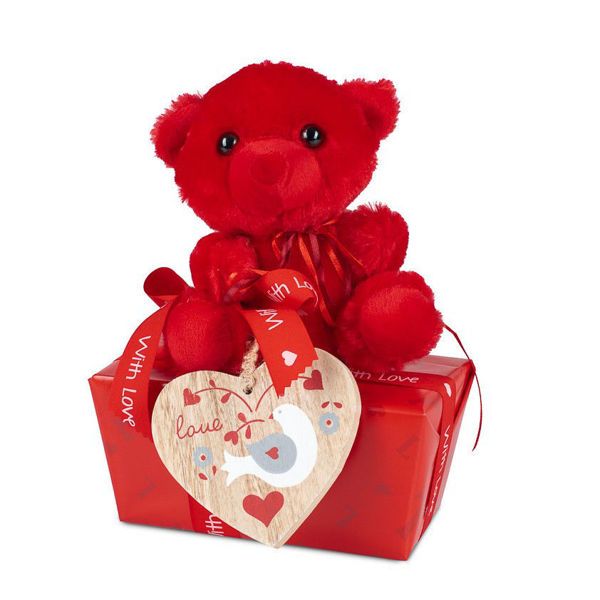 Λούτρινο αρκουδάκι με ξύλινο διακοσμητικό και 750 γρ. σοκολατάκια Leonidas