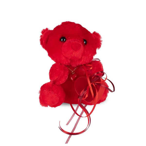 Κόκκινο αρκουδάκι με κολιέ κόκκινη καρδιά και βελούδινη καρδιά με 1 σοκολατάκι Leonidas