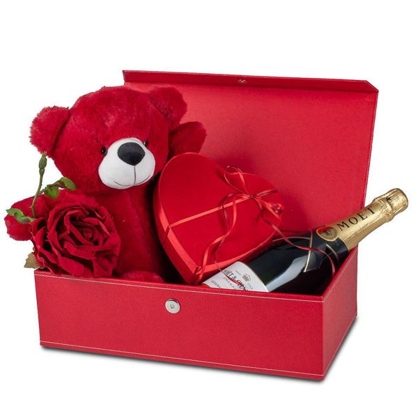 Κουτί με αρκουδάκι, καρδια βελούδινη και σαμπανια