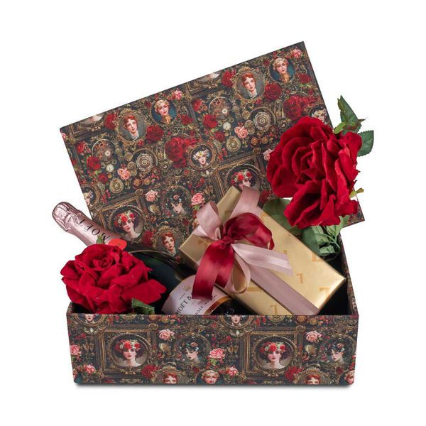 Κουτί υφασμάτινο με αμπαλάζ, ροζέ σαμπανια Moet & Chandon και 1 κιλό σοκολατάκια Leonidas