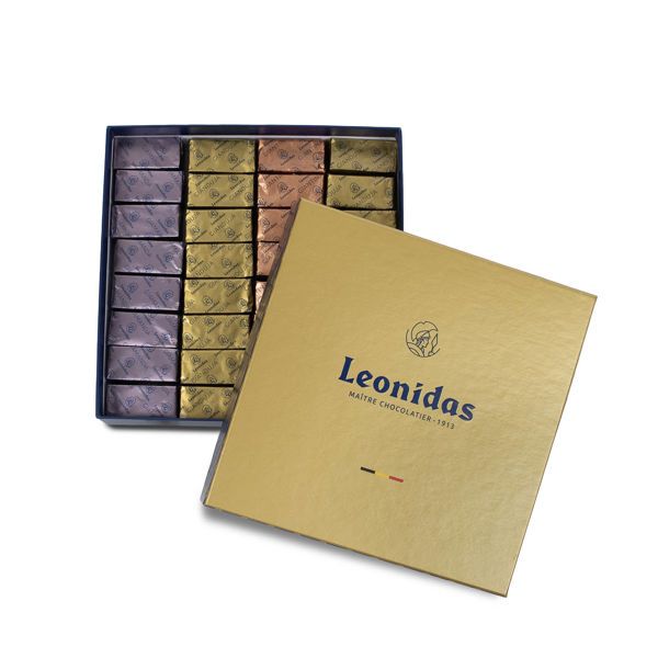 Χάρτινο χρυσό τετράγωνο κουτί Heritage S με 370 γρ. σοκολατάκια gianduja, giantina, giamanda Leonidas