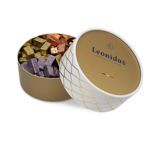 Χάρτινη λευκή καπελιέρα με χρυσό καπάκι και 800 γρ. σοκολατάκια gianduja, giantina, giamanda Leonidas