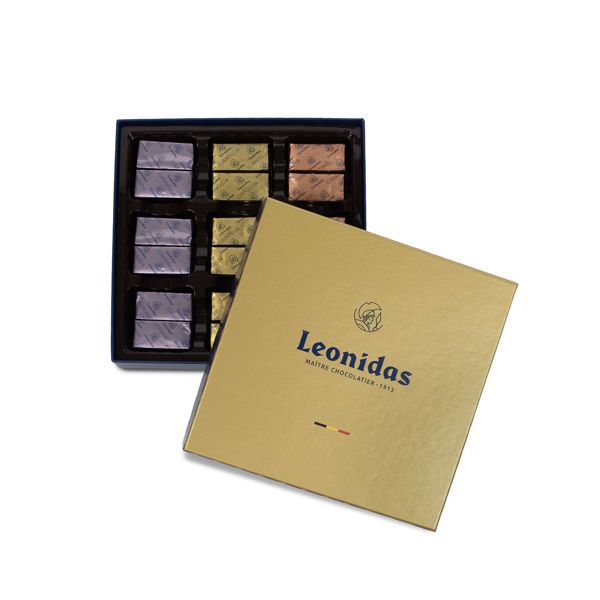 Χάρτινο χρυσό τετράγωνο κουτί Heritage S με 210 γρ. σοκολατάκια Leonidas gianduja, giantina, giamanda