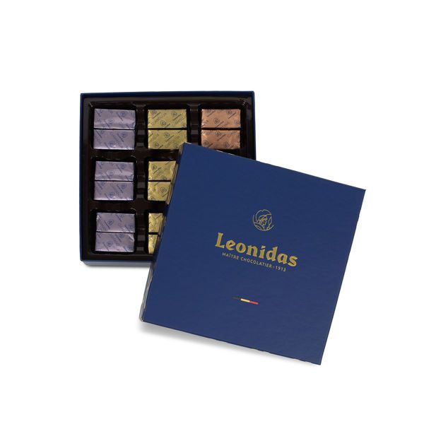 Χάρτινο μπλέ τετράγωνο κουτί Heritage S με 210 γρ. σοκολατάκια Leonidas  gianduja, giantina, giamanda