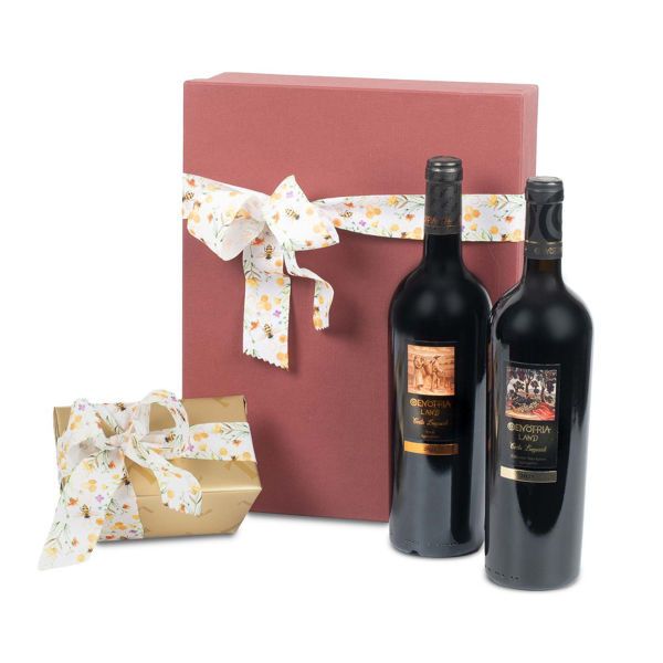 Χάρτινο κουτί με κρασιά Οινότρια Γη και σοκολατάκια Leonidas