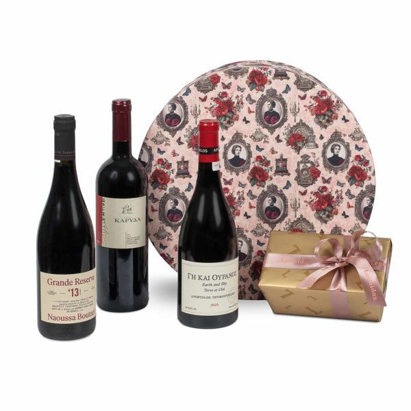 Υφασμάτινη καπελιέρα με 3 κρασιά Ξινόμαυρα και σοκολατάκια Leonidas