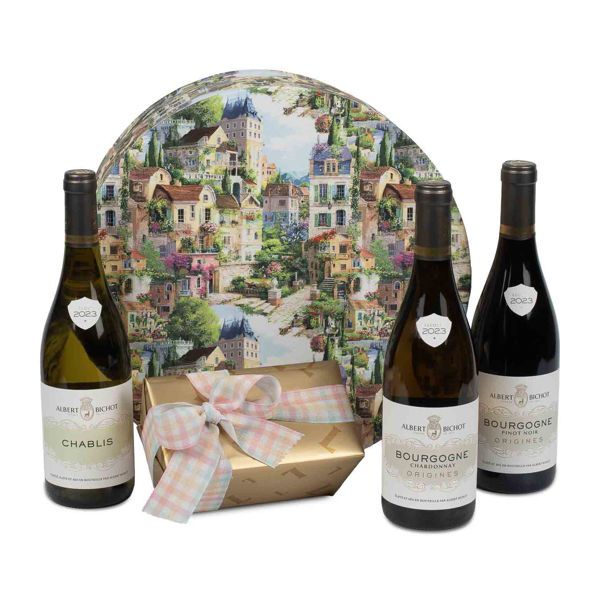 Υφασμάτινη καπελιέρα με κρασιά Γαλλίας Albert Bichot και σοκολατάκια Leonidas